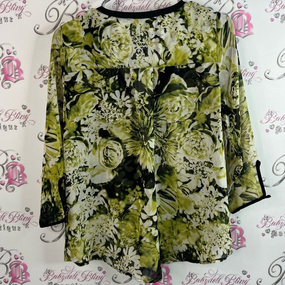 Quintessential blouse flowers Floral Green white black Top artsy button flowy - Picture 2 of 11